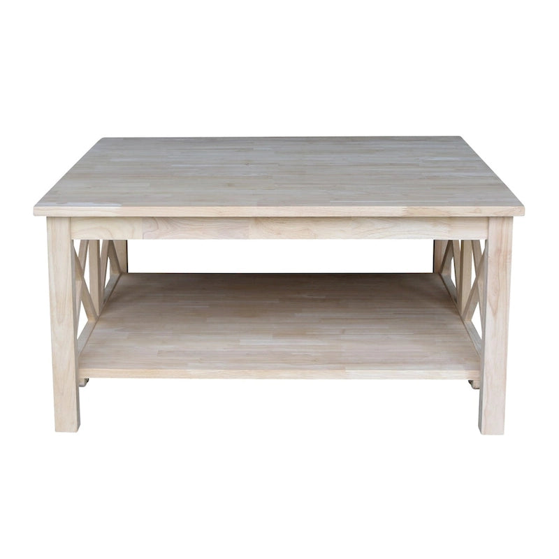 Solid Parawood Square Coffee Table with X-Frame Supports and Open Shelf