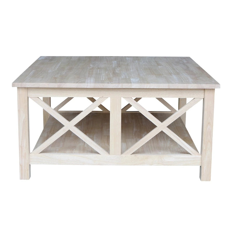 Solid Parawood Square Coffee Table with X-Frame Supports and Open Shelf
