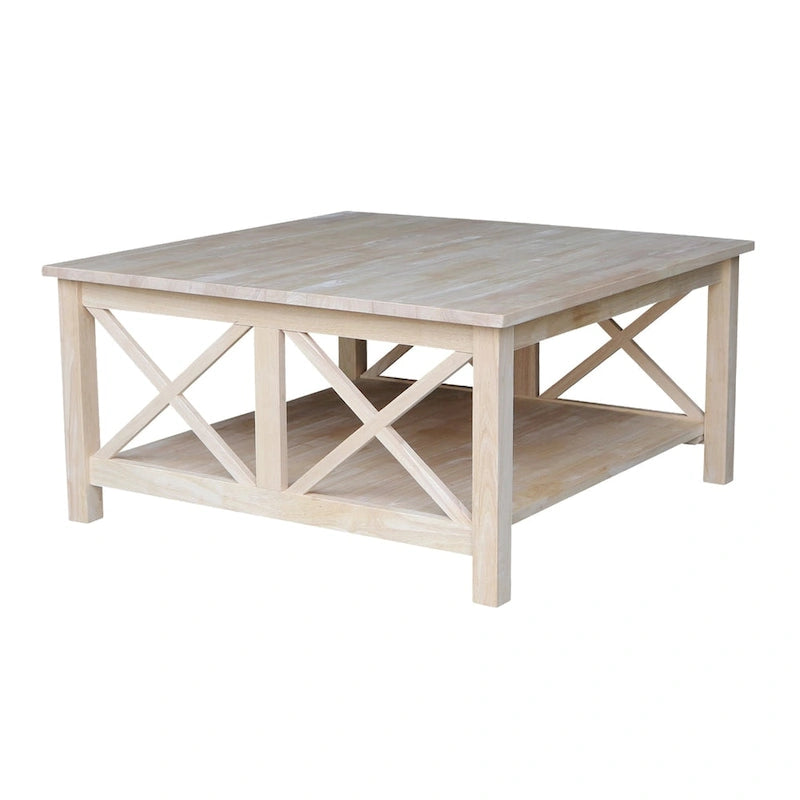 Solid Parawood Square Coffee Table with X-Frame Supports and Open Shelf