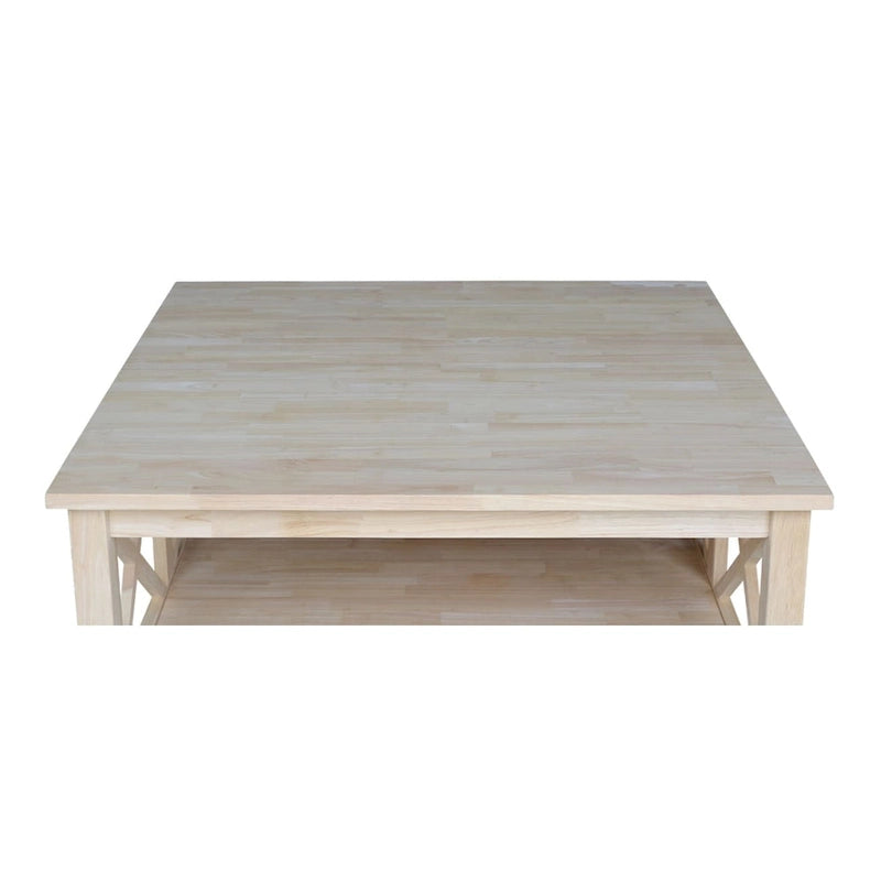 Solid Parawood Square Coffee Table with X-Frame Supports and Open Shelf