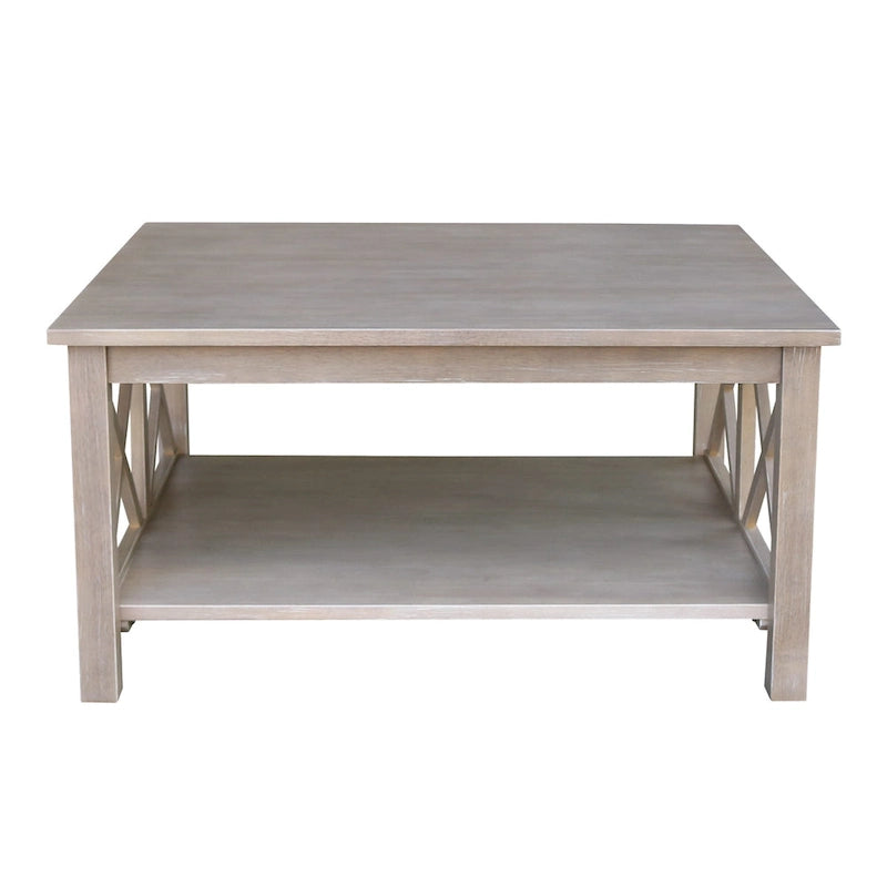 Solid Parawood Square Coffee Table with X-Frame Supports and Open Shelf