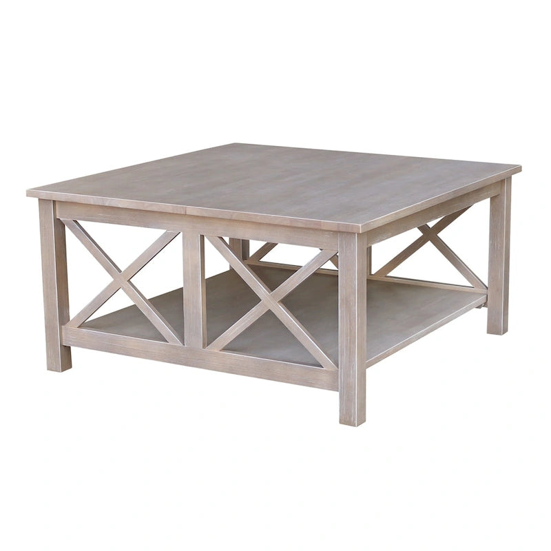 Solid Parawood Square Coffee Table with X-Frame Supports and Open Shelf