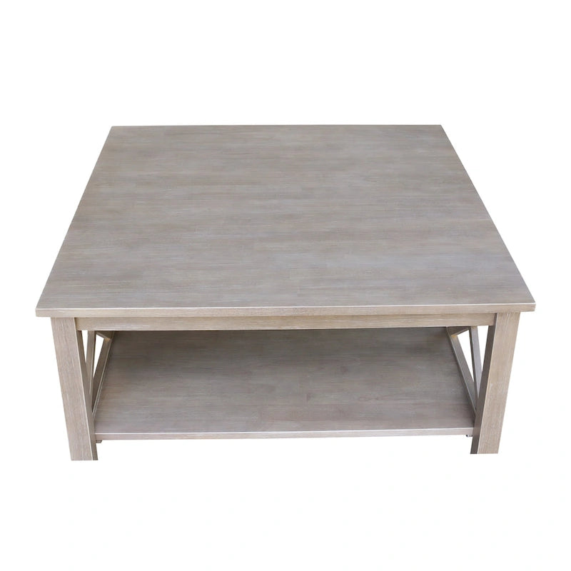 Solid Parawood Square Coffee Table with X-Frame Supports and Open Shelf