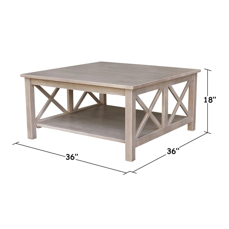Solid Parawood Square Coffee Table with X-Frame Supports and Open Shelf