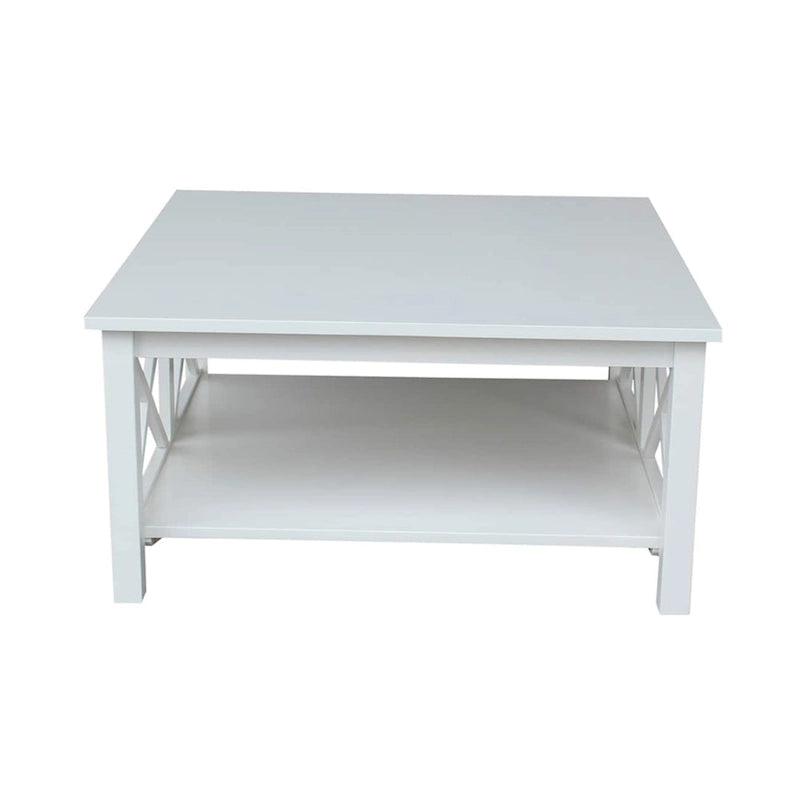 Solid Parawood Square Coffee Table with X-Frame Supports and Open Shelf