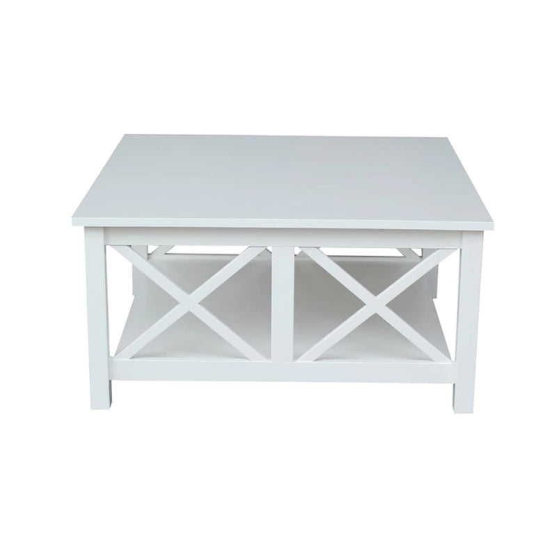 Solid Parawood Square Coffee Table with X-Frame Supports and Open Shelf