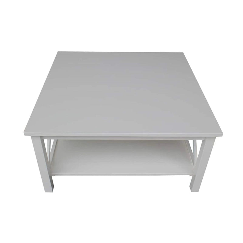 Solid Parawood Square Coffee Table with X-Frame Supports and Open Shelf