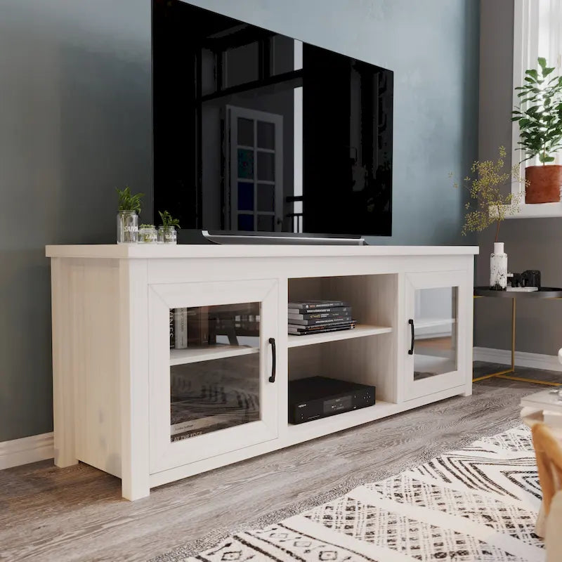 TV Stand with Glass Door Cabinets for TVs up to 80" | Modern Finish
