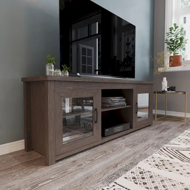 TV Stand with Glass Door Cabinets for TVs up to 80" | Modern Finish