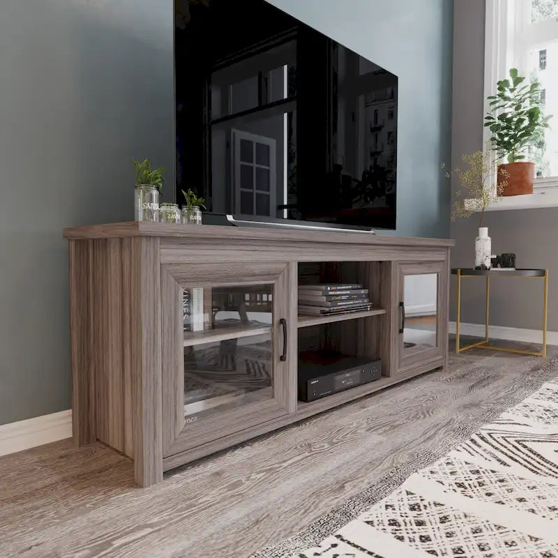 TV Stand with Glass Door Cabinets for TVs up to 80" | Modern Finish