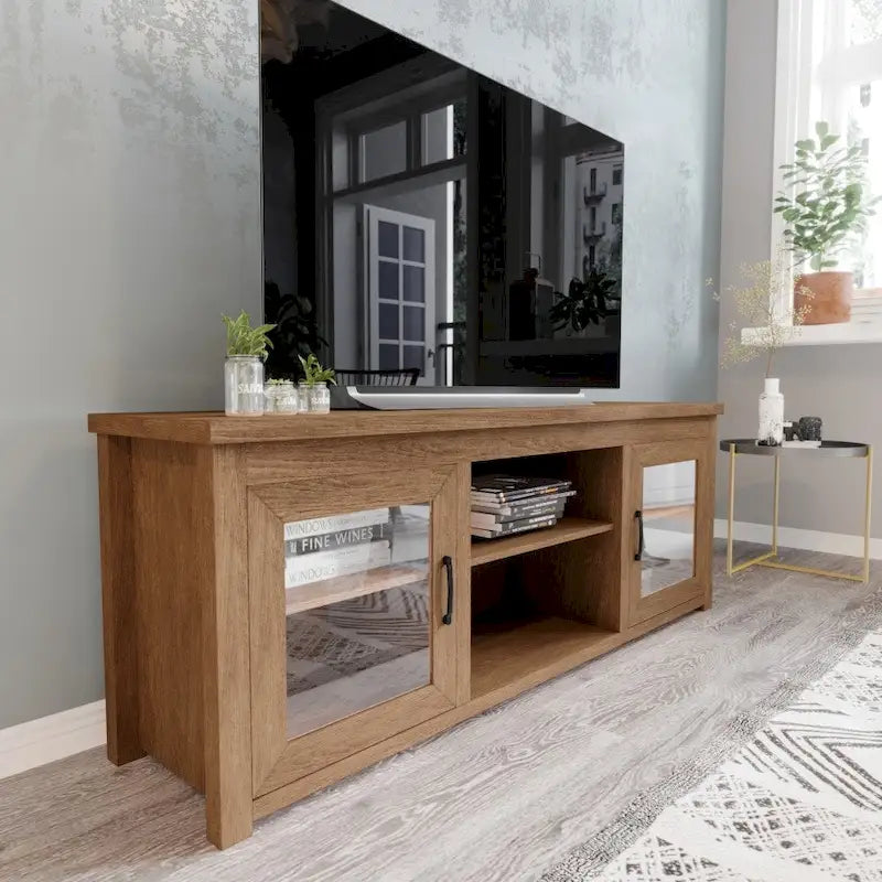 TV Stand with Glass Door Cabinets for TVs up to 80" | Modern Finish