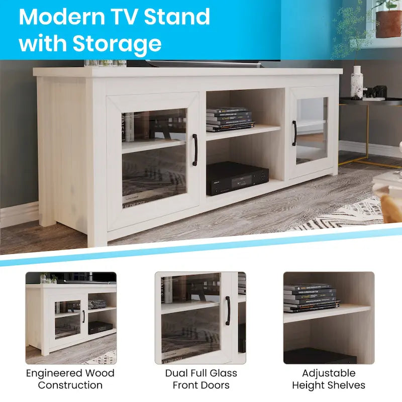 TV Stand with Glass Door Cabinets for TVs up to 80" | Modern Finish
