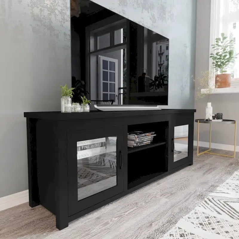 TV Stand with Glass Door Cabinets for TVs up to 80" | Modern Finish