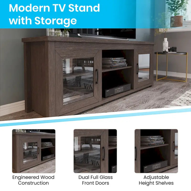 TV Stand with Glass Door Cabinets for TVs up to 80" | Modern Finish