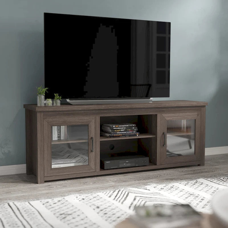 TV Stand with Glass Door Cabinets for TVs up to 80" | Modern Finish