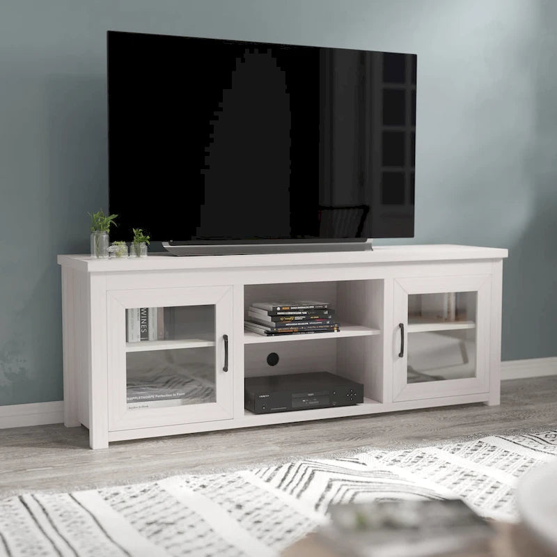 TV Stand with Glass Door Cabinets for TVs up to 80" | Modern Finish