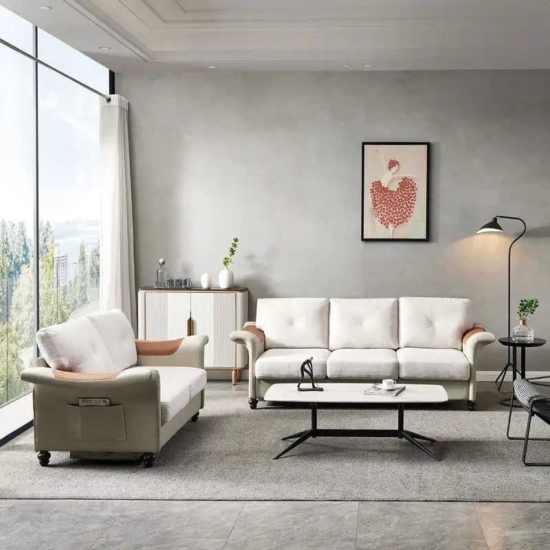 Linen Fabric Faux Leather Sofa with Two Removable Storage Boxes