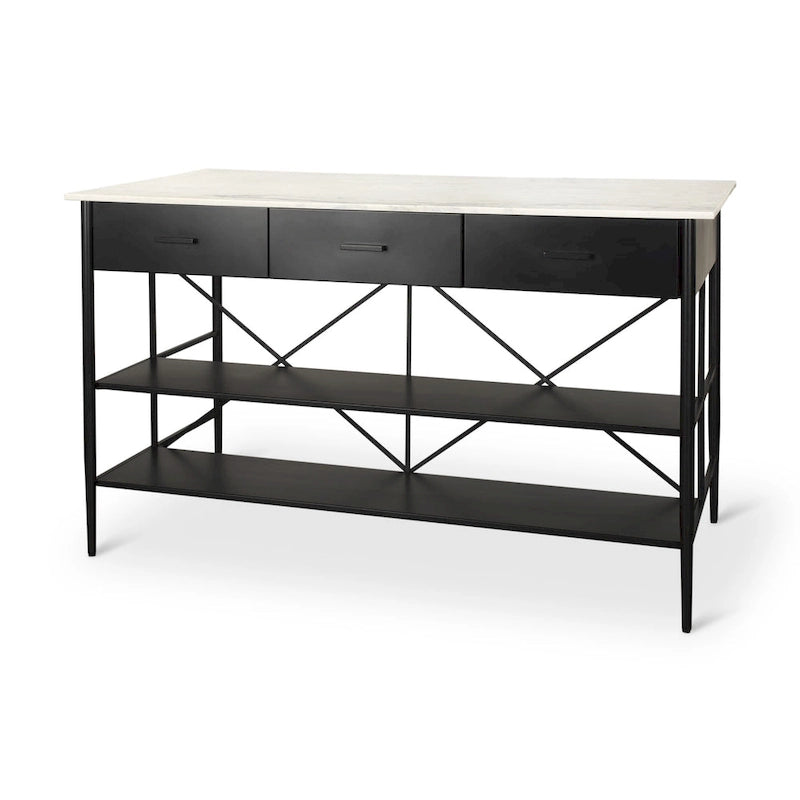 Marble Top Kitchen Island with 3 Drawers and Open Shelves | Matte Black Iron Frame