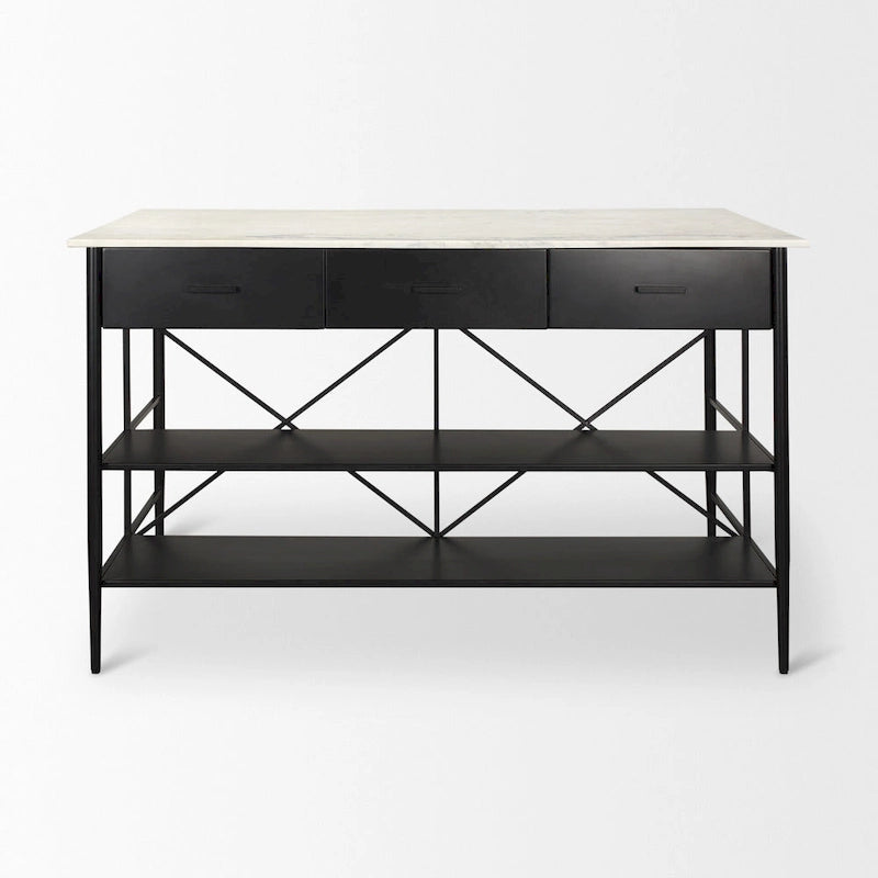 Marble Top Kitchen Island with 3 Drawers and Open Shelves | Matte Black Iron Frame
