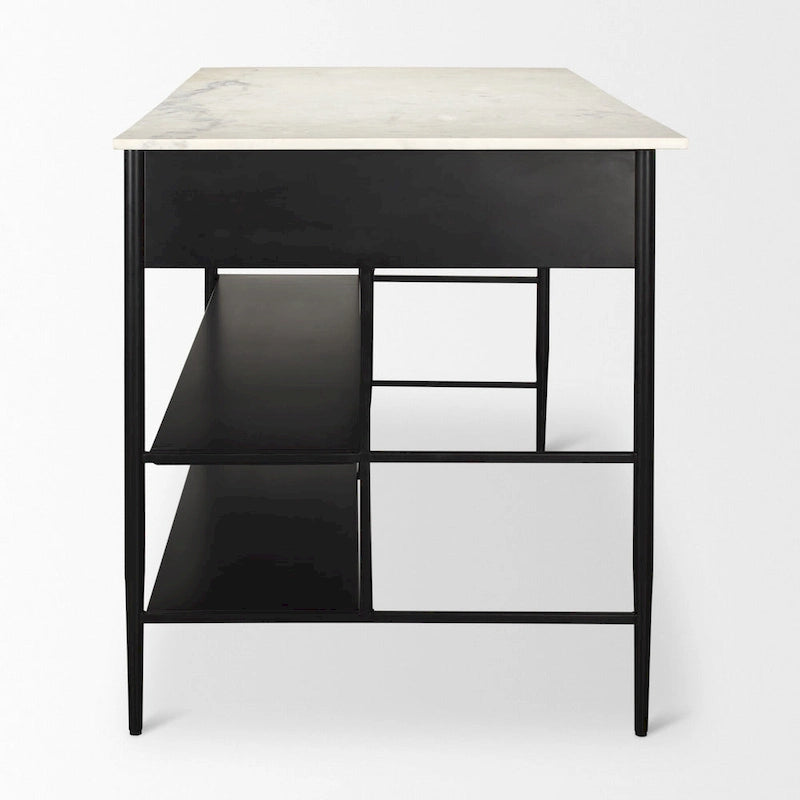 Marble Top Kitchen Island with 3 Drawers and Open Shelves | Matte Black Iron Frame
