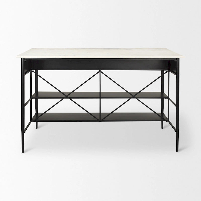Marble Top Kitchen Island with 3 Drawers and Open Shelves | Matte Black Iron Frame