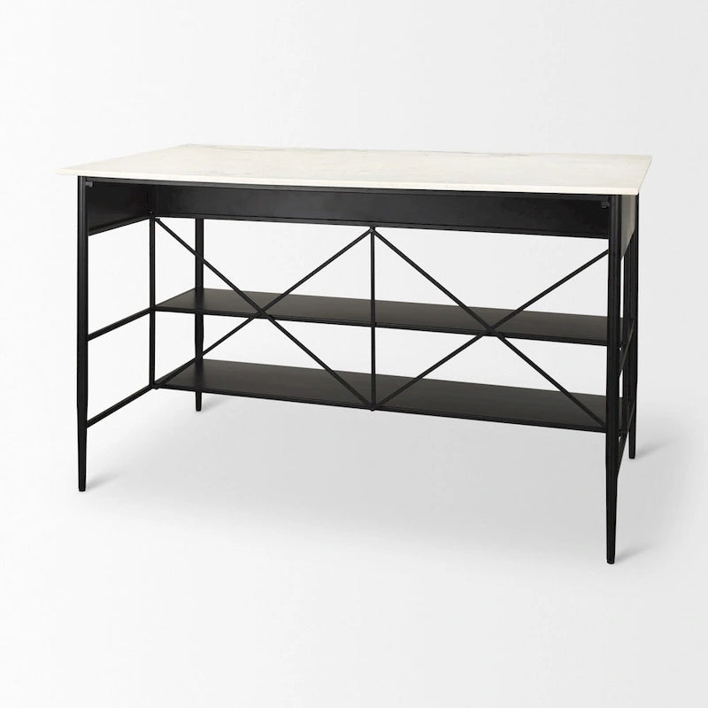 Marble Top Kitchen Island with 3 Drawers and Open Shelves | Matte Black Iron Frame