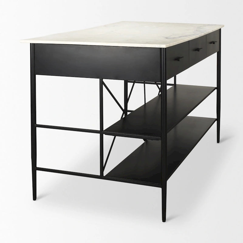 Marble Top Kitchen Island with 3 Drawers and Open Shelves | Matte Black Iron Frame