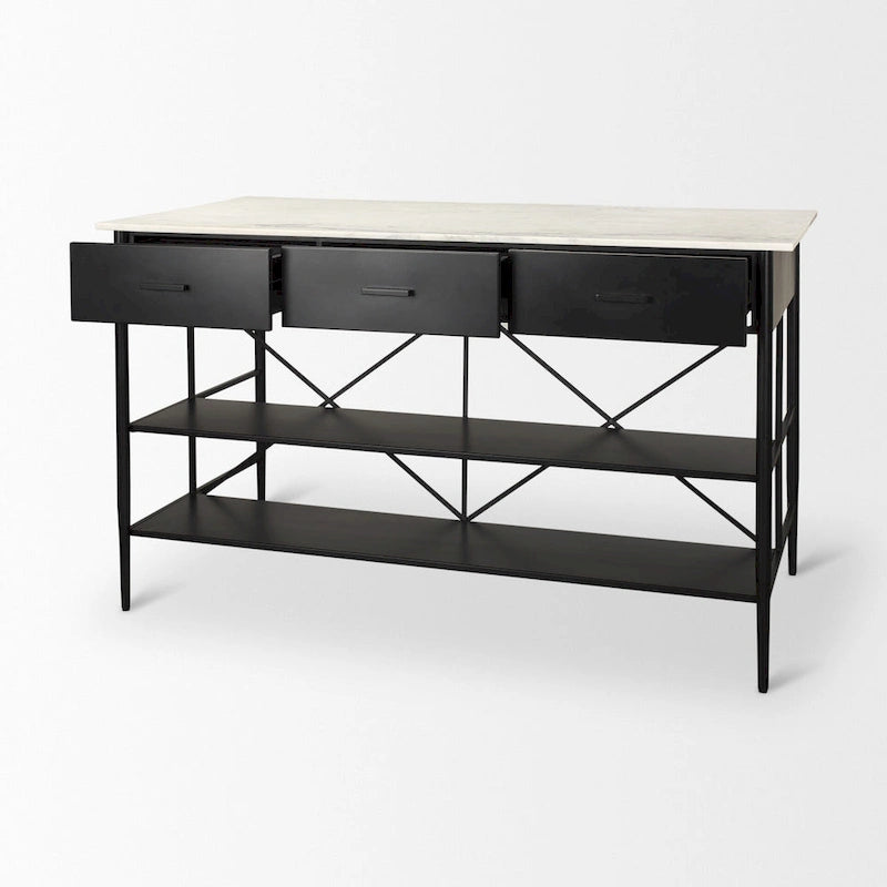 Marble Top Kitchen Island with 3 Drawers and Open Shelves | Matte Black Iron Frame