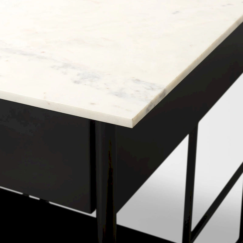 Marble Top Kitchen Island with 3 Drawers and Open Shelves | Matte Black Iron Frame