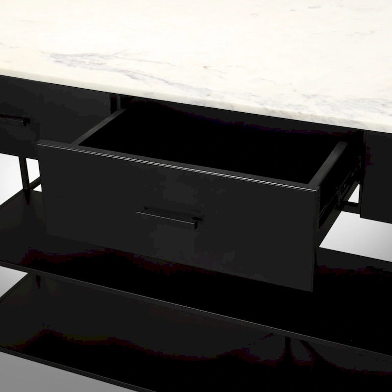 Marble Top Kitchen Island with 3 Drawers and Open Shelves | Matte Black Iron Frame