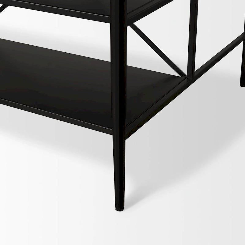 Marble Top Kitchen Island with 3 Drawers and Open Shelves | Matte Black Iron Frame