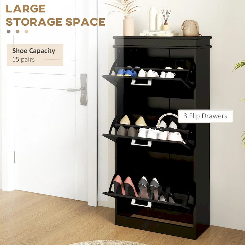 Narrow Entryway Shoe Cabinet with 3 Flip Doors and Adjustable Shelves
