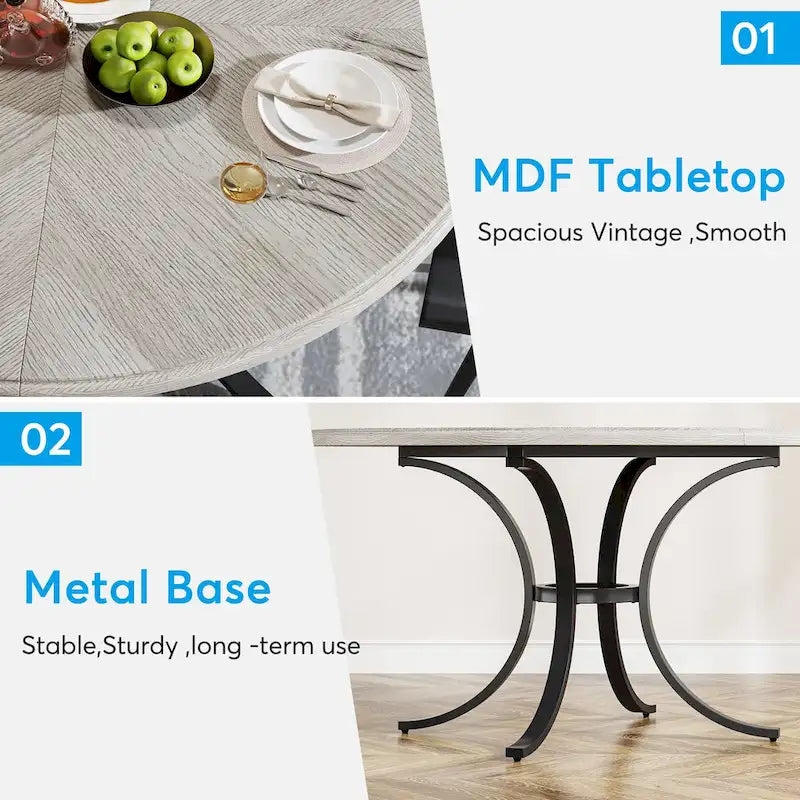 Round Dining Table for 4-6 People, 47 Farmouse Kitchen Table for Dining Room, Living Room, Rustic