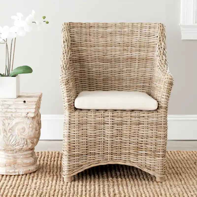 Rattan Wicker Wingback Armchair with Cotton Cushion | Fully Assembled