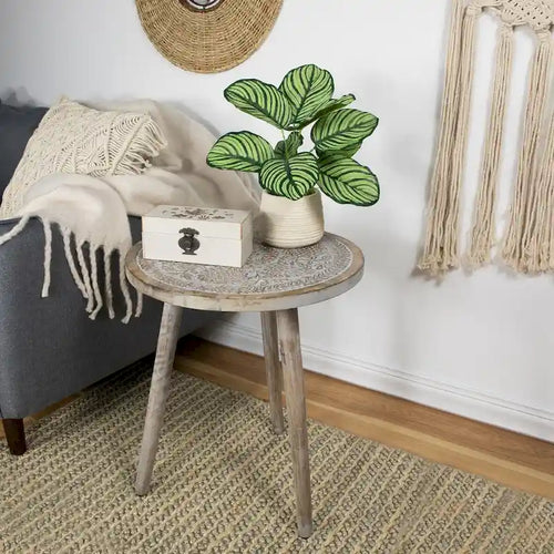 21 Antique Gray Engraved Round Tri Leg Wooden Side Table