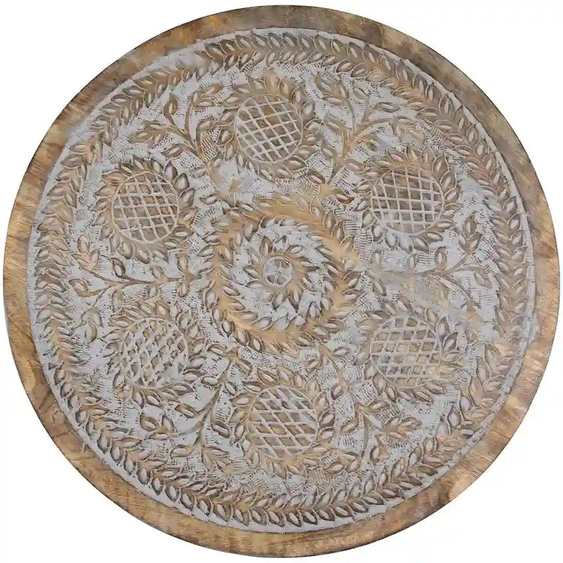 21 Antique Gray Engraved Round Tri Leg Wooden Side Table