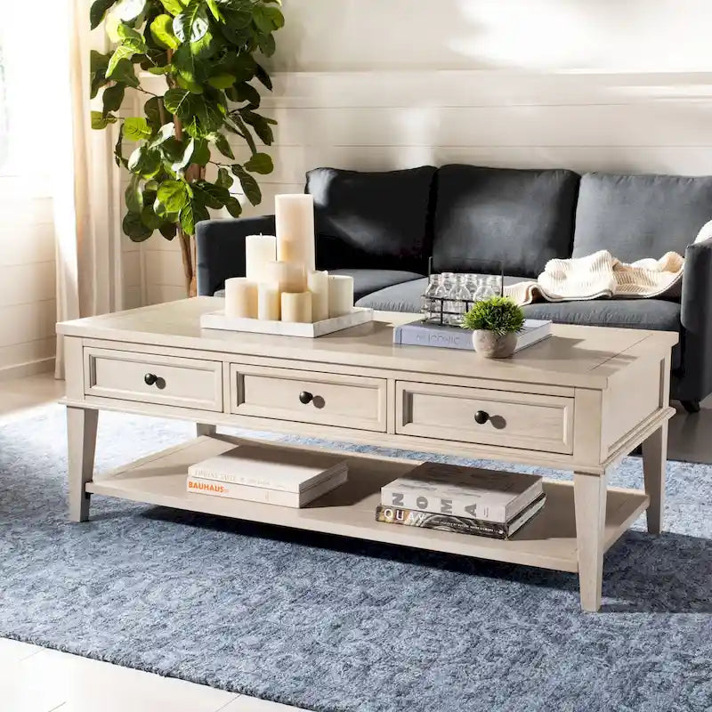Shaker Style Pine Wood Coffee Table with 3 Drawers and Lower Shelf