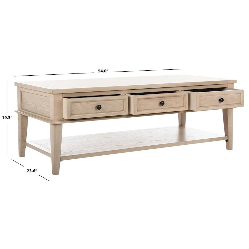Shaker Style Pine Wood Coffee Table with 3 Drawers and Lower Shelf