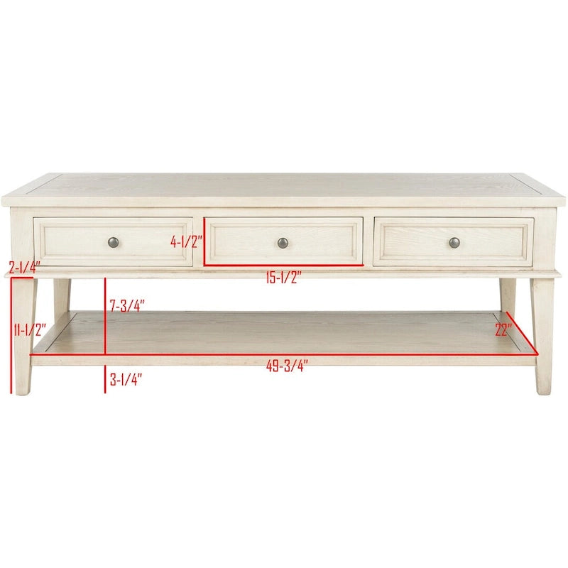 Shaker Style Pine Wood Coffee Table with 3 Drawers and Lower Shelf