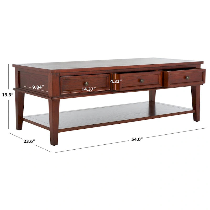 Shaker Style Pine Wood Coffee Table with 3 Drawers and Lower Shelf