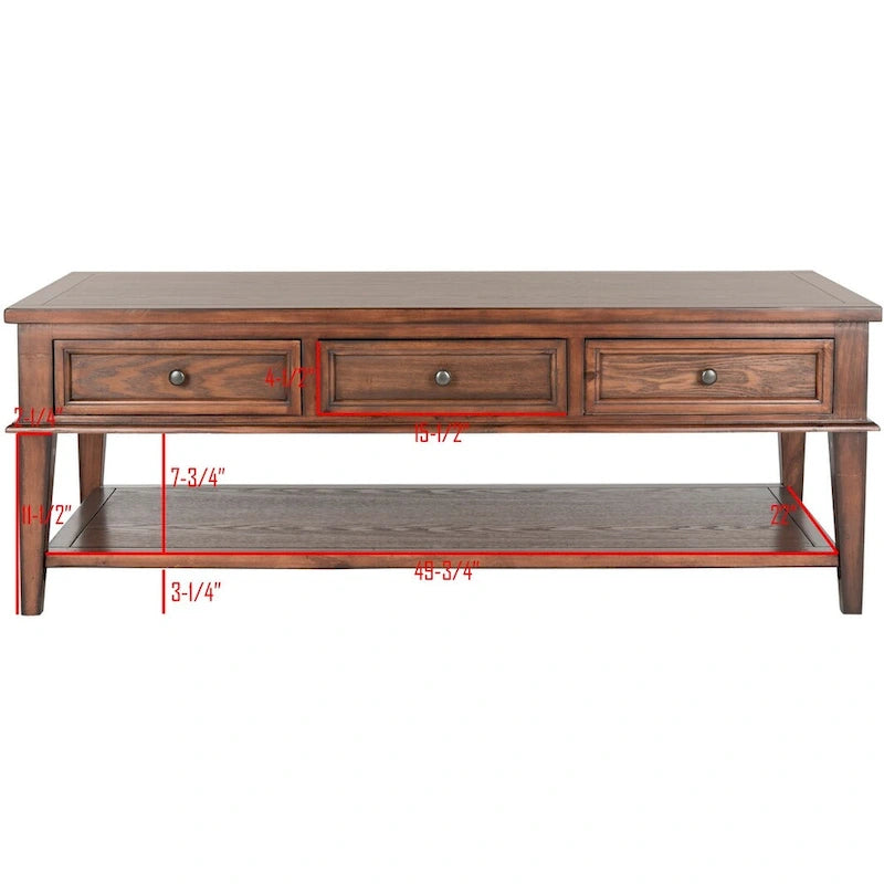 Shaker Style Pine Wood Coffee Table with 3 Drawers and Lower Shelf