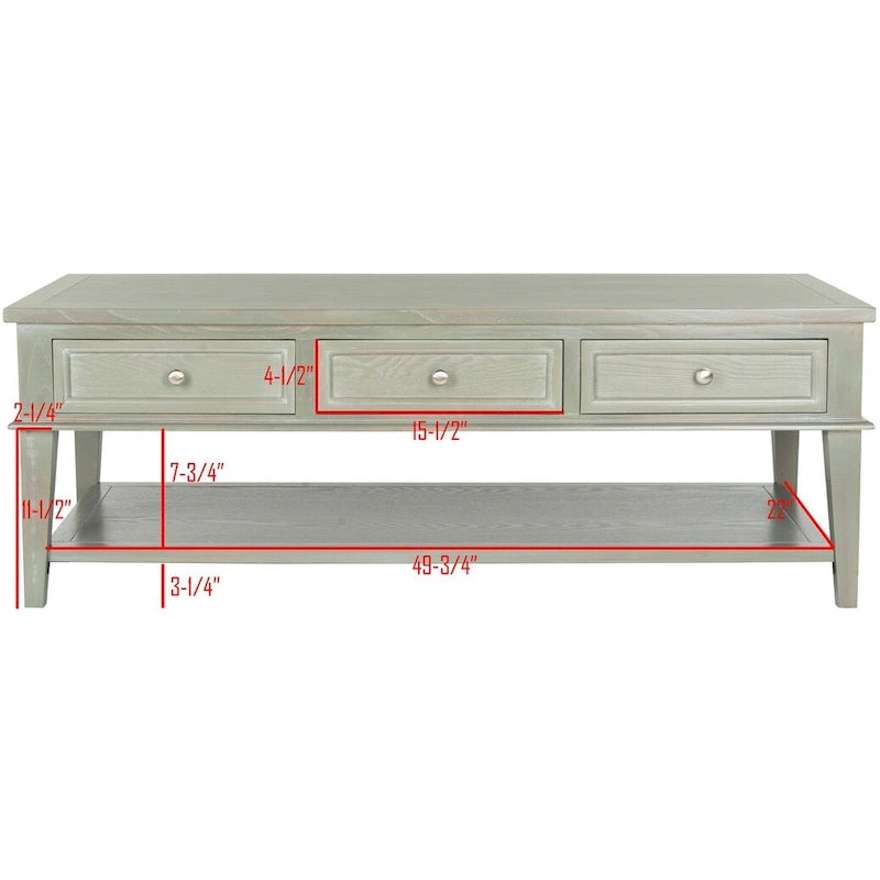 Shaker Style Pine Wood Coffee Table with 3 Drawers and Lower Shelf