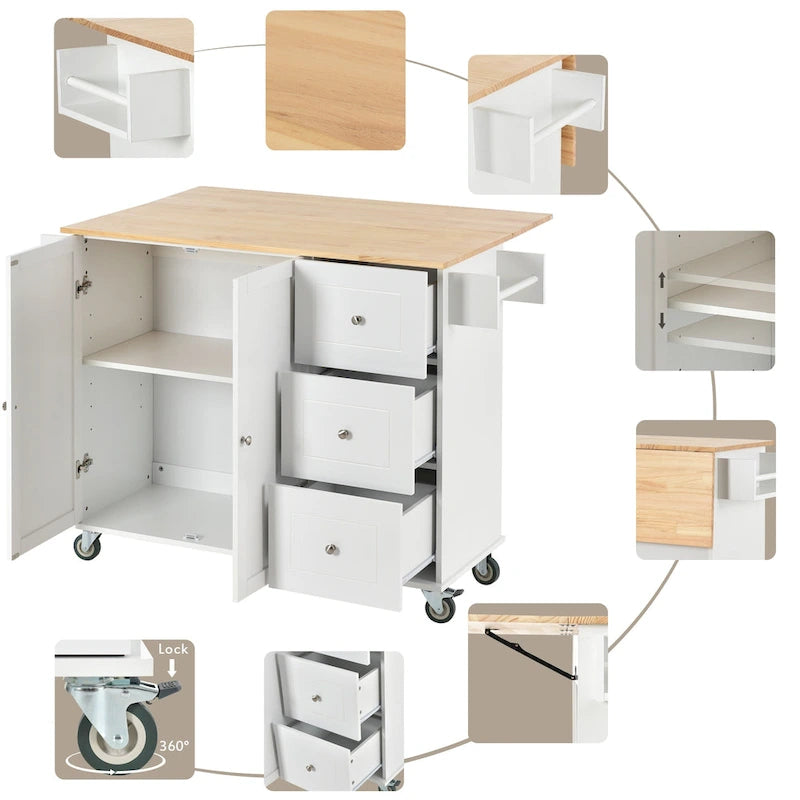 White Rolling Kitchen Island Solid Wood Top, Locking Wheels, Storage & More