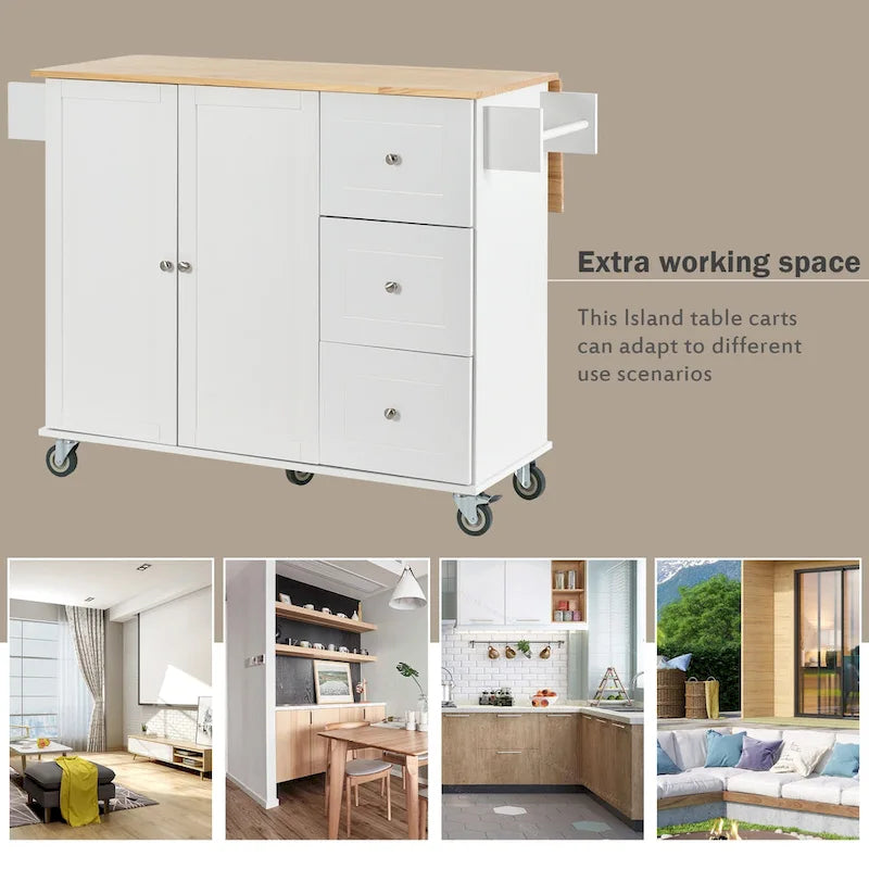White Rolling Kitchen Island Solid Wood Top, Locking Wheels, Storage & More