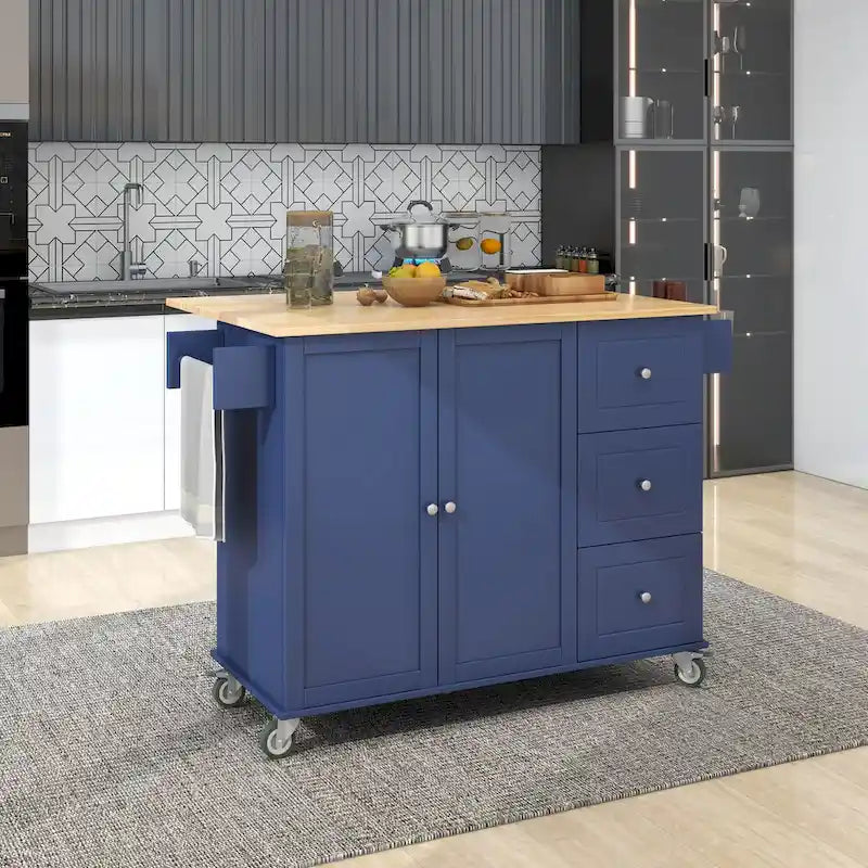 White Rolling Kitchen Island Solid Wood Top, Locking Wheels, Storage & More