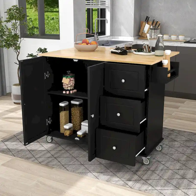 White Rolling Kitchen Island Solid Wood Top, Locking Wheels, Storage & More