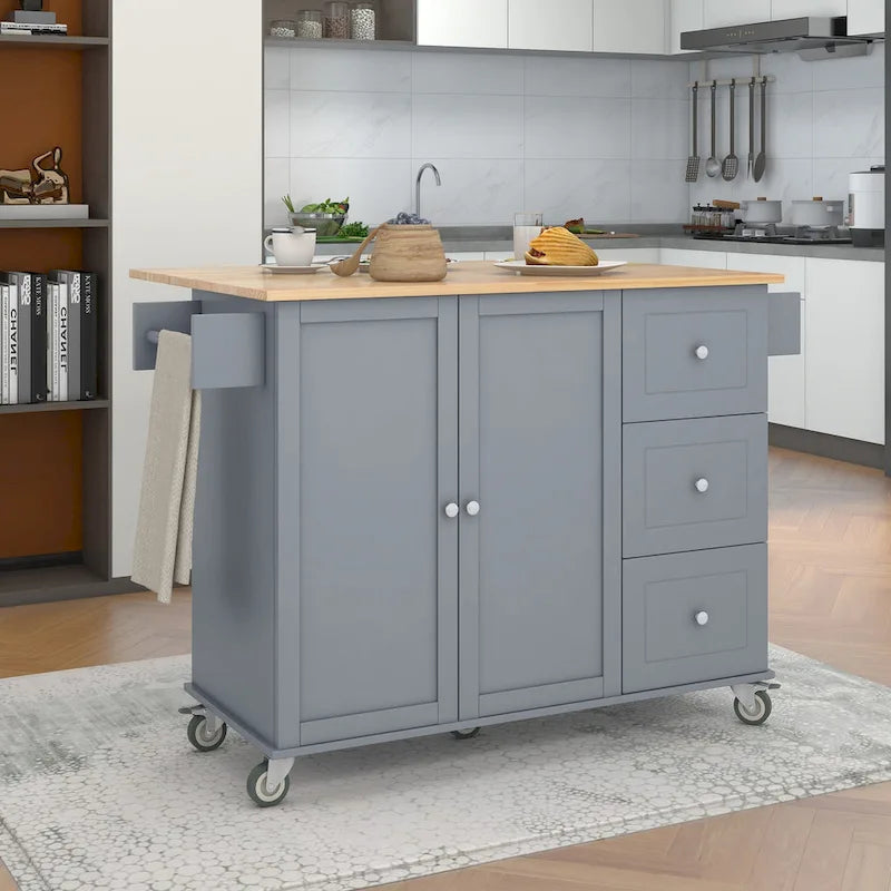 White Rolling Kitchen Island Solid Wood Top, Locking Wheels, Storage & More