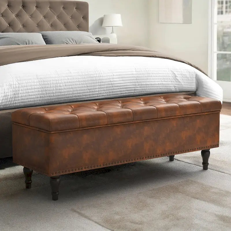 Tufted Storage Bench — Upholstered Ottoman with Wood Legs | 50.8" W × 17.1" D × 18.3" H