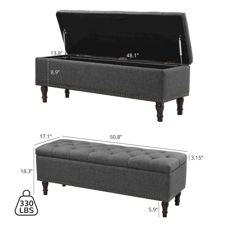 Tufted Storage Bench — Upholstered Ottoman with Wood Legs | 50.8" W × 17.1" D × 18.3" H