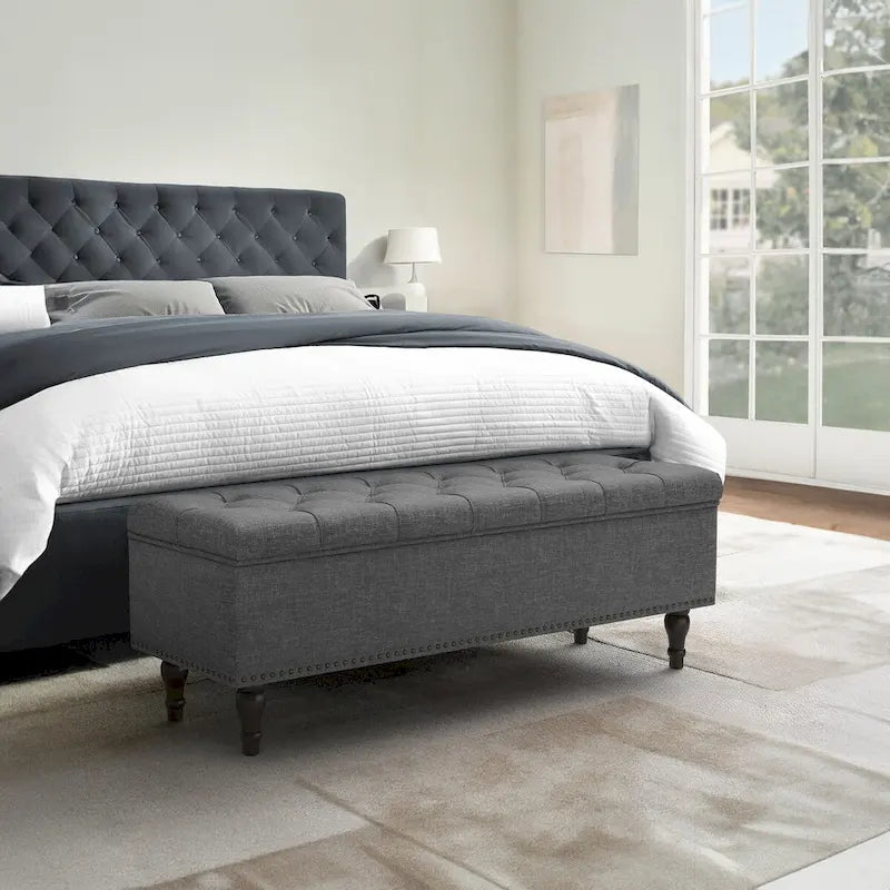 Tufted Storage Bench — Upholstered Ottoman with Wood Legs | 50.8" W × 17.1" D × 18.3" H